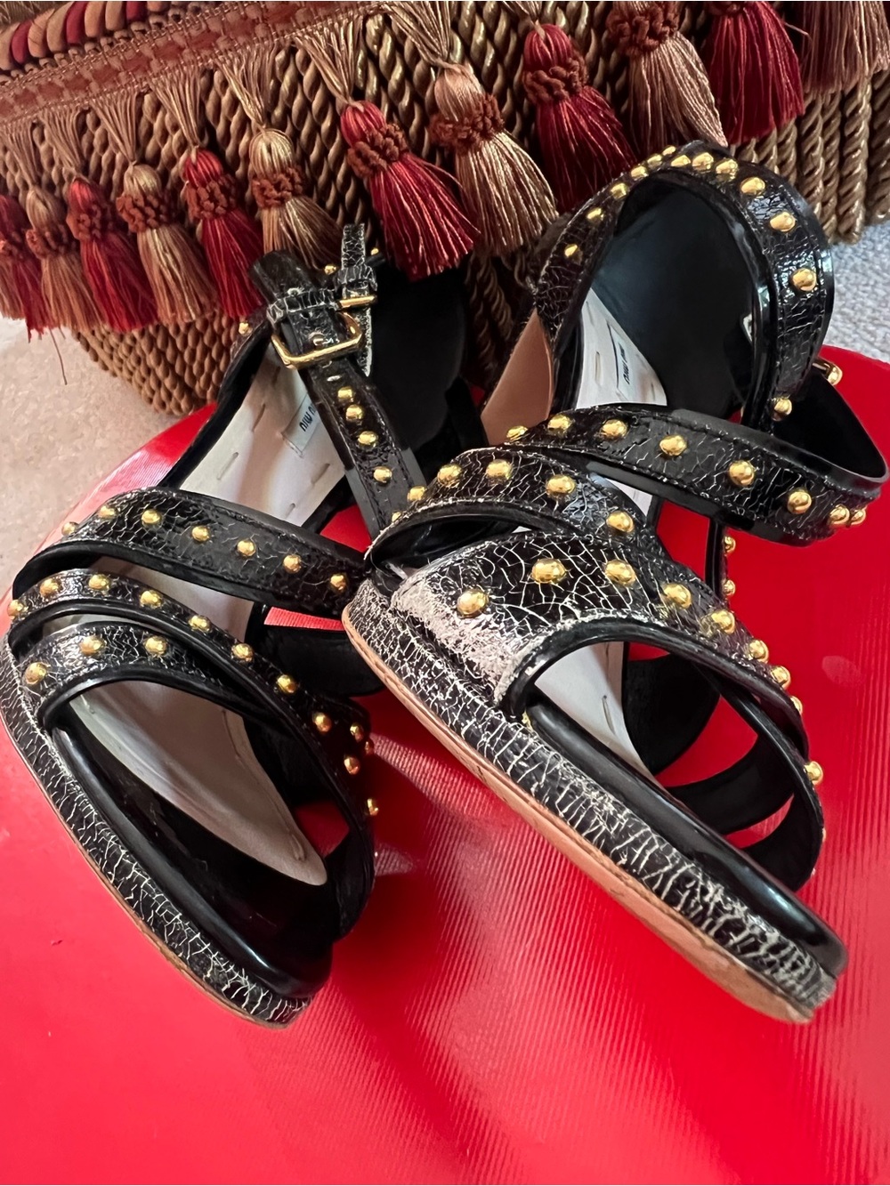 Miu Miu Black Crackled Leather Studded Strappy High-Heel Sandals ā¤ļøāš„ - Picture 12 of 16